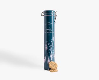 Sea salted caramel oat crumbles in tall tin 